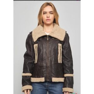 GUESS Brown Faux Leather Moto Jacket Fur Trim Sherpa Bomber Pilot Womens Medium